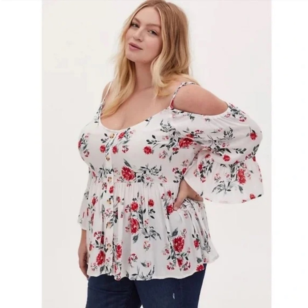 LIKE NEW! Torrid Ivory Floral Gauze Button Cold Shoulder
Bell Sleeve Top